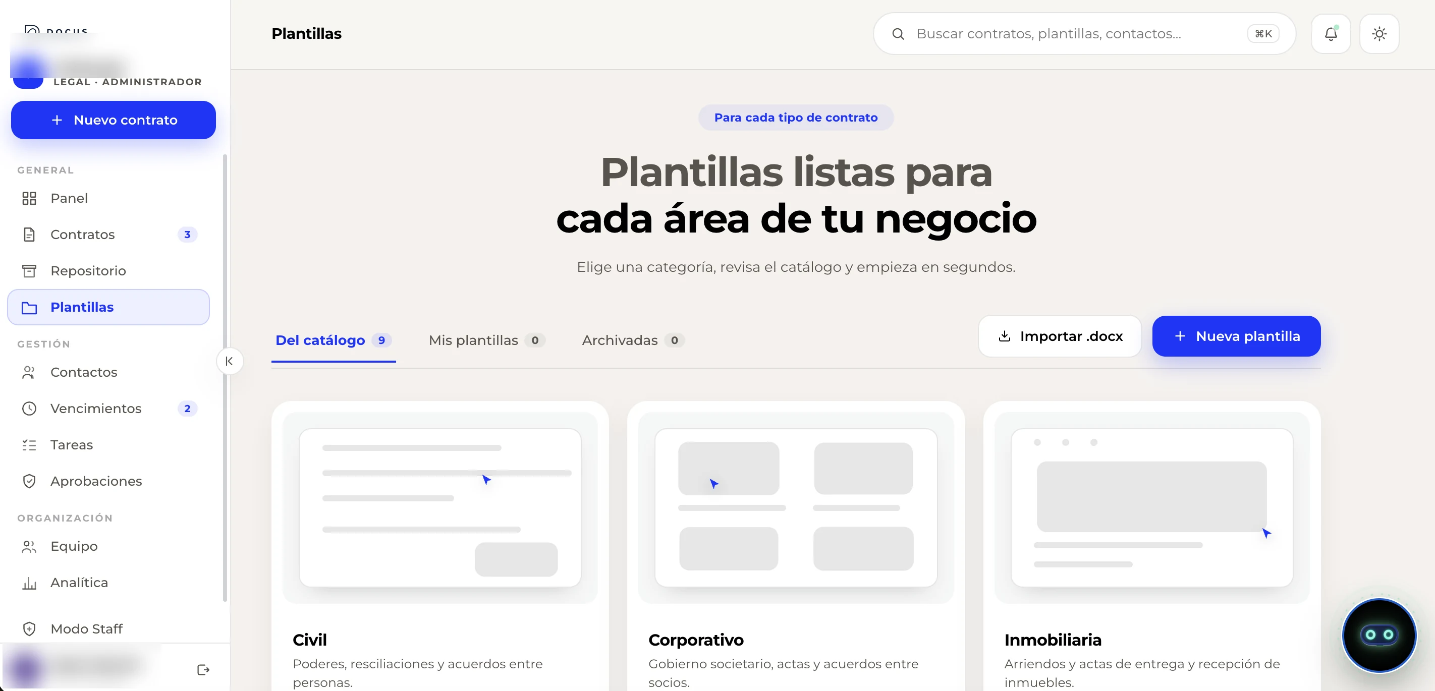 Catálogo de plantillas de contrato de Docus por categoría